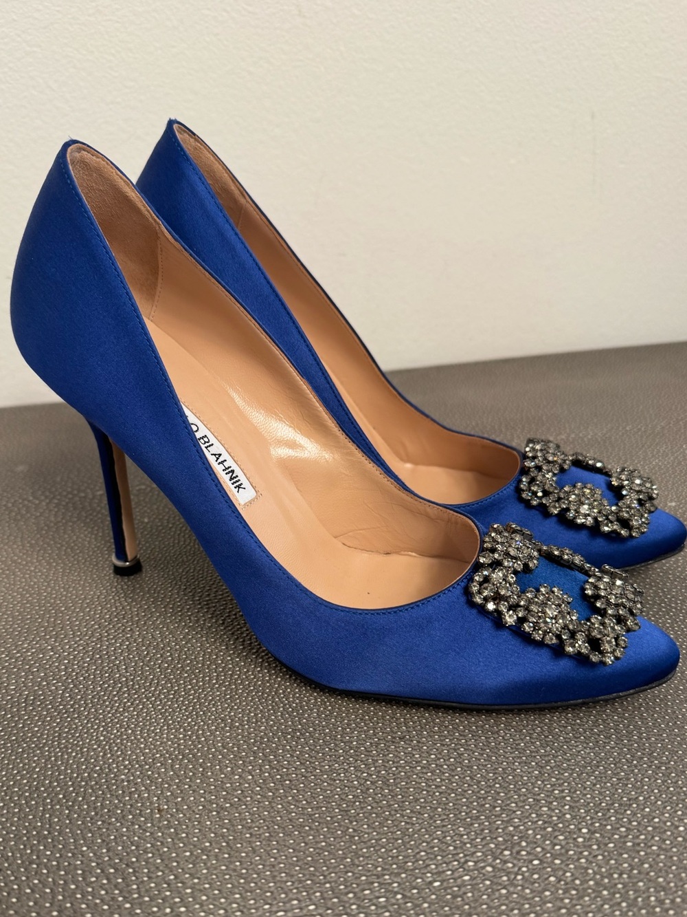 Manolo Blahnik Royal Blue Satin Pointed Toe Crystal Buckle Pumps